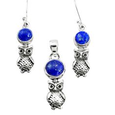 Clearance Sale- 6.53cts natural blue lapis lazuli 925 silver owl pendant earrings set p38568