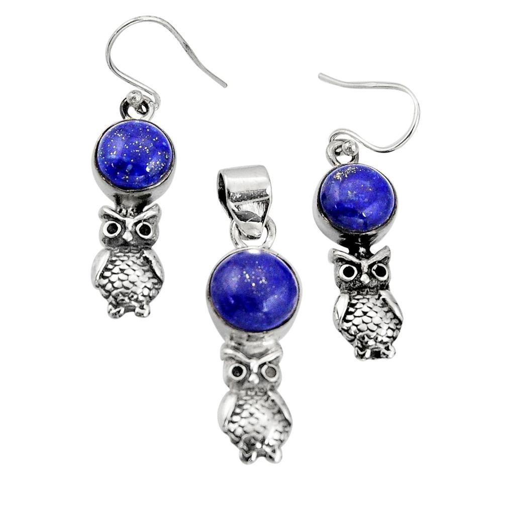 12.04cts natural blue lapis lazuli 925 silver owl pendant earrings set r20981