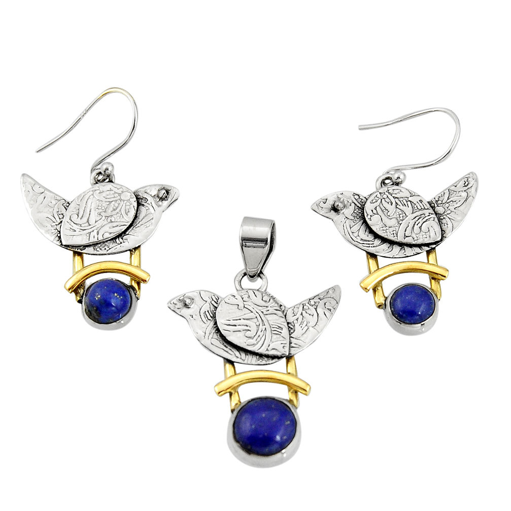 5.93cts natural blue lapis lazuli silver two tone pendant earrings set r20984