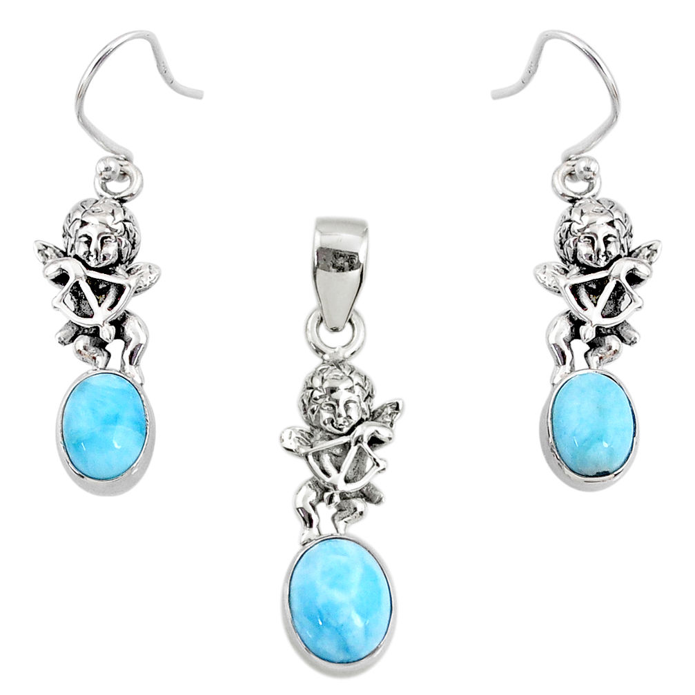 7.62cts natural blue larimar 925 silver angel charm pendant earrings set r70066