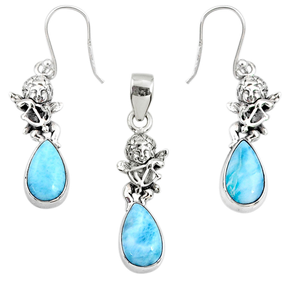 11.24cts natural blue larimar 925 silver angel charm pendant earrings set r70087