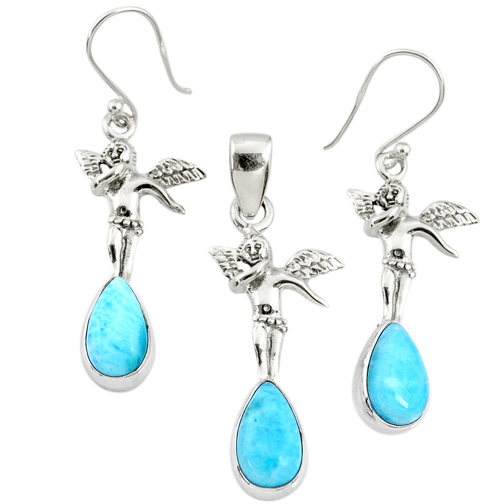 10.48cts natural blue larimar 925 silver angel charm pendant earrings set r70088