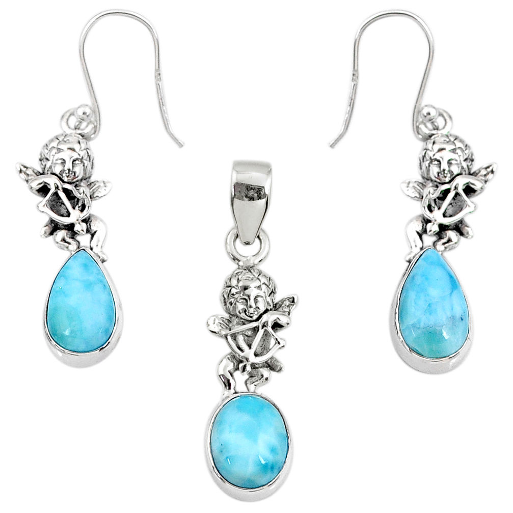10.23cts natural blue larimar 925 silver angel charm pendant earrings set r70092
