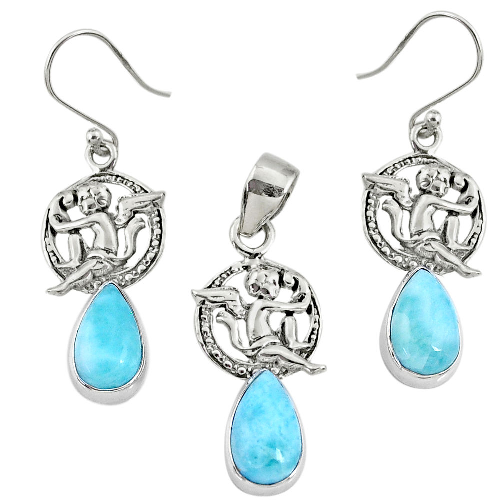 11.56cts natural blue larimar 925 silver angel charm pendant earrings set r70098