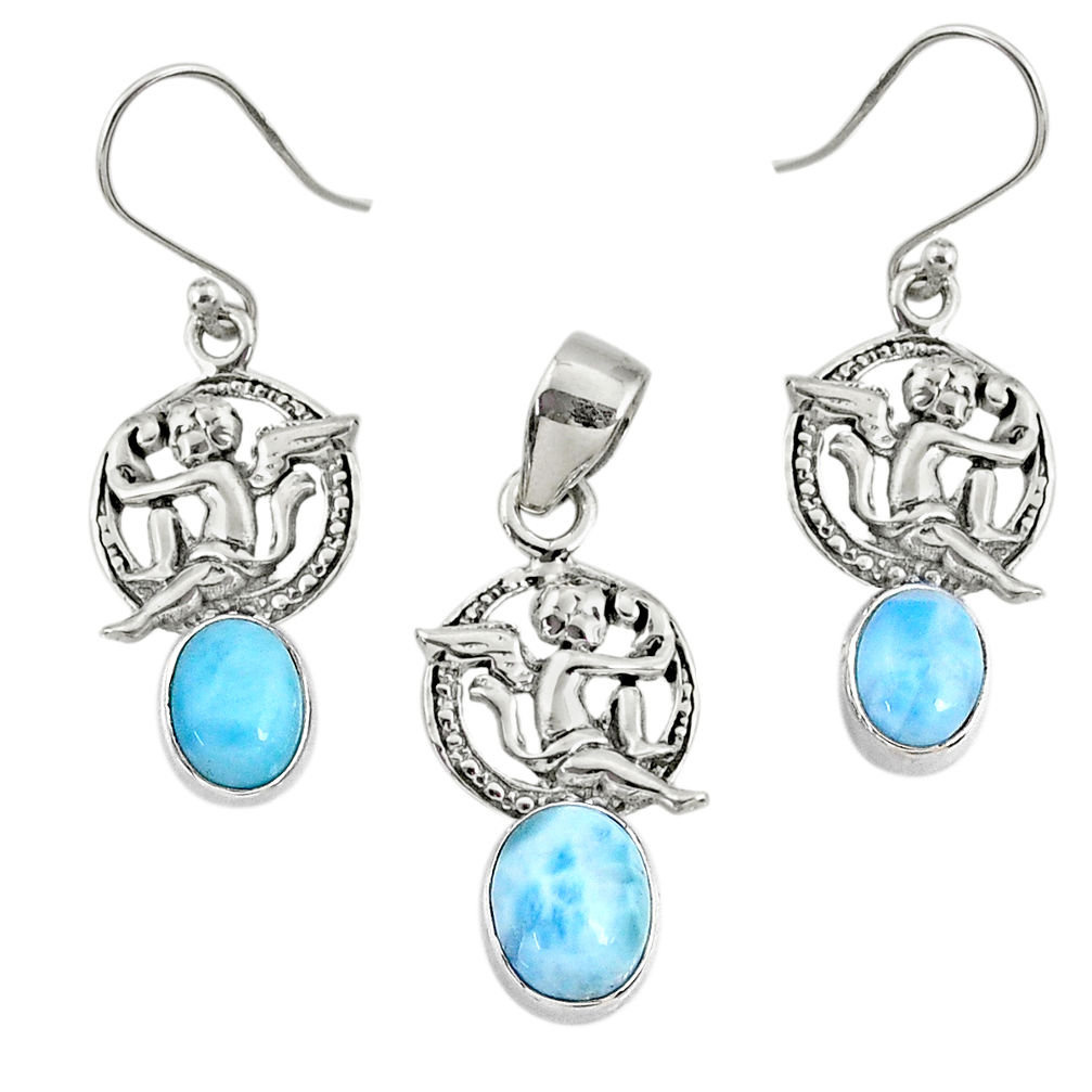 7.85cts natural blue larimar 925 silver angel pendant earrings set r70070