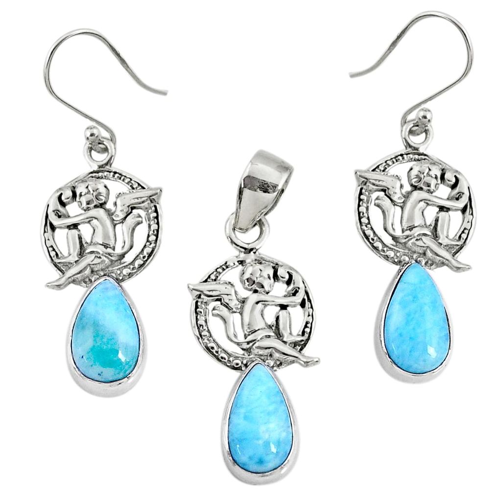 13.34cts natural blue larimar 925 silver angel pendant earrings set r70071