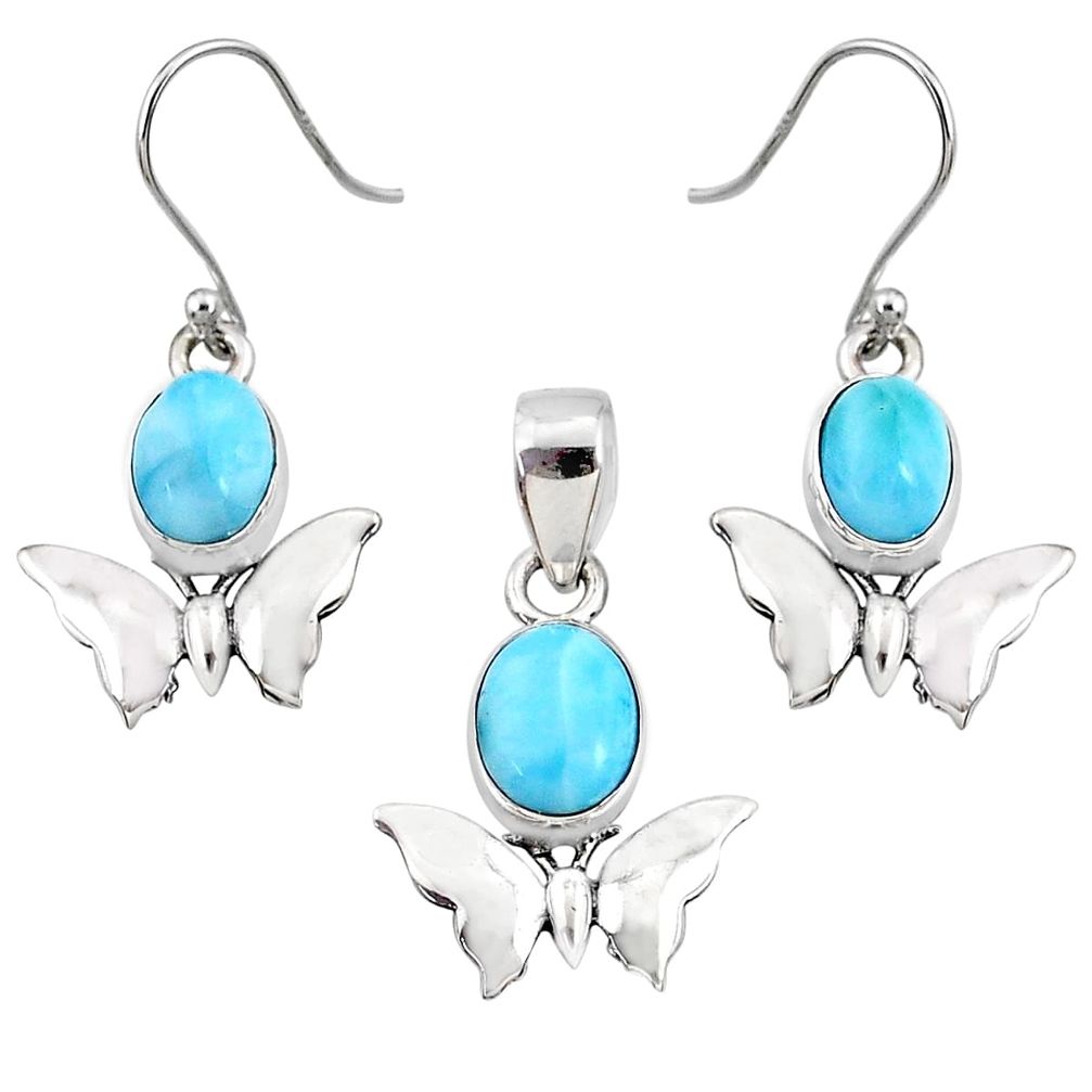 7.76cts natural blue larimar 925 silver butterfly pendant earrings set r70082