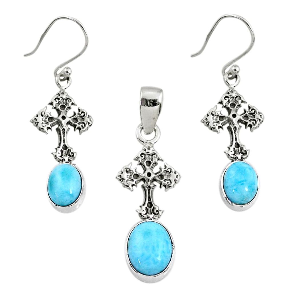 8.27cts natural blue larimar 925 silver cross pendant earrings set r70091