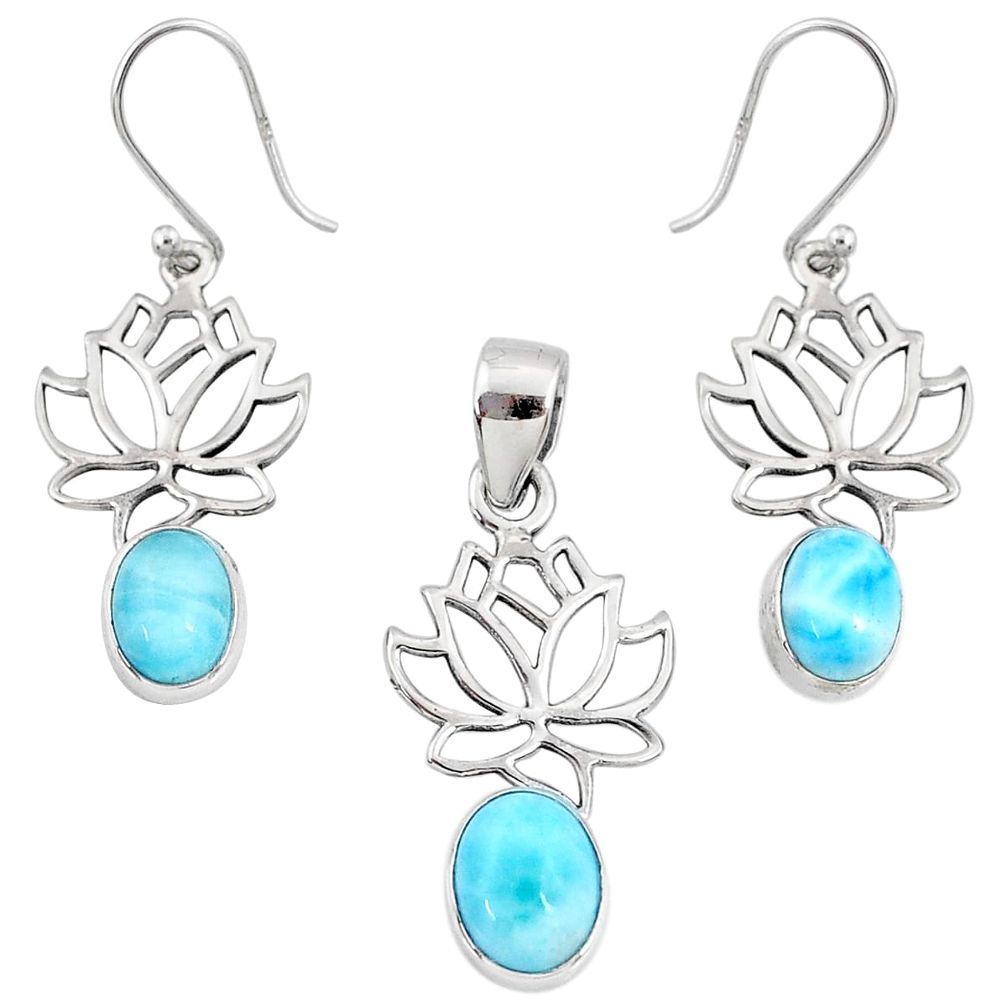 7.66cts natural blue larimar 925 silver flower pendant earrings set r70097