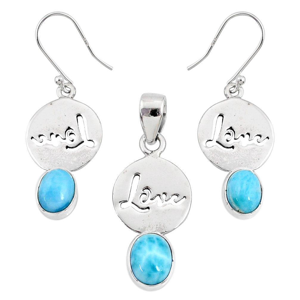 8.23cts natural blue larimar 925 silver love charm pendant earrings set r70074