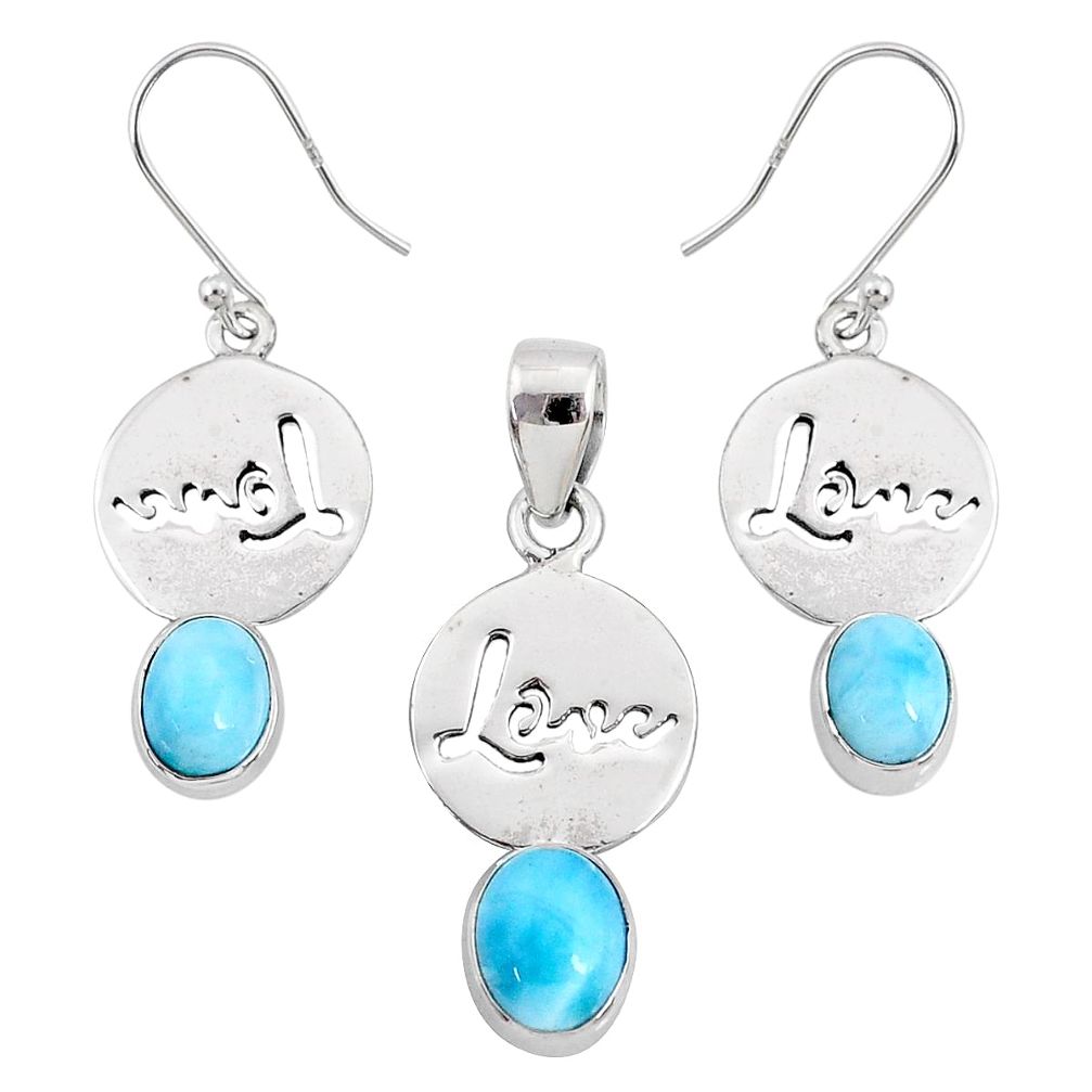 8.40cts natural blue larimar 925 silver love charm pendant earrings set r70075