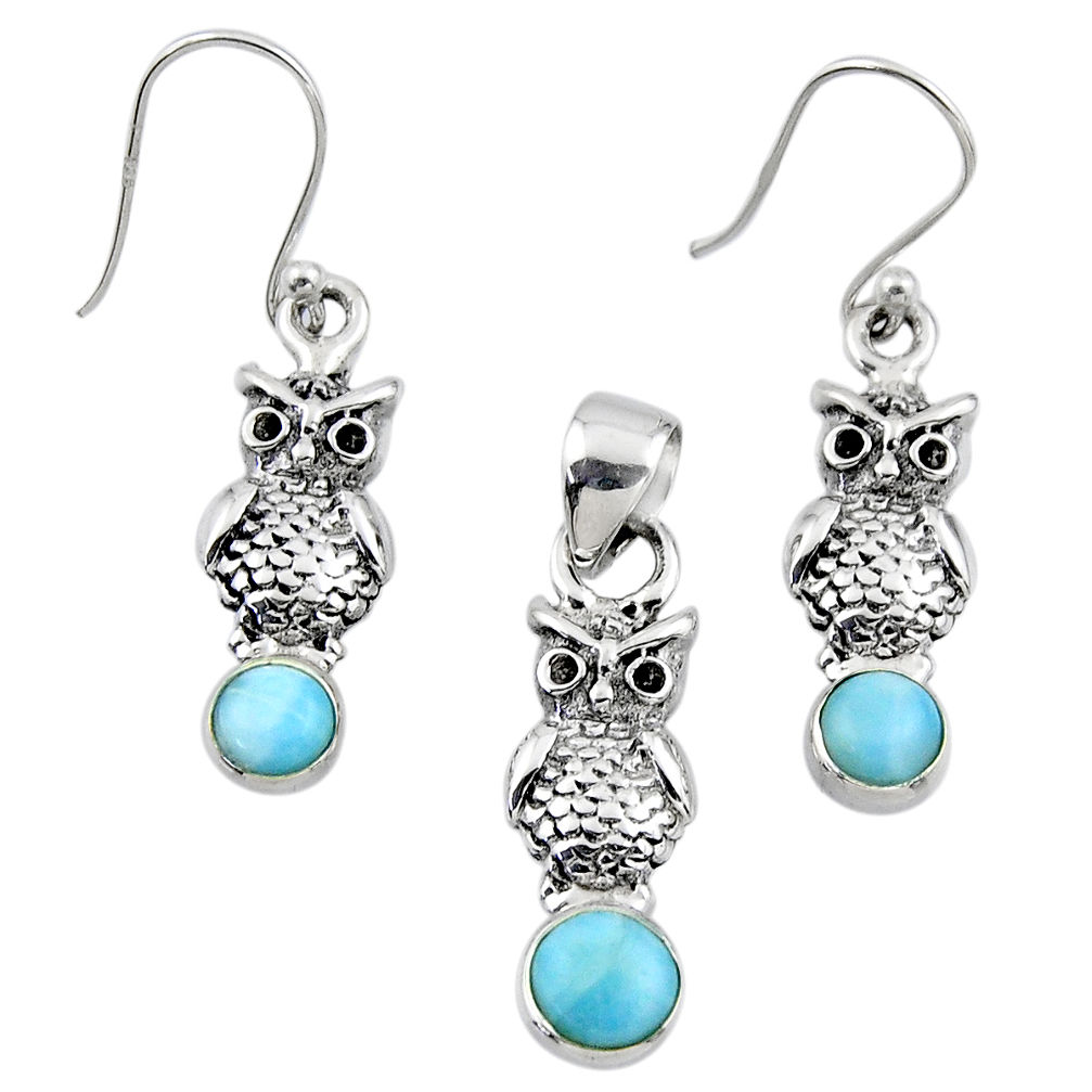 3.01cts natural blue larimar 925 silver owl pendant earrings set r55775