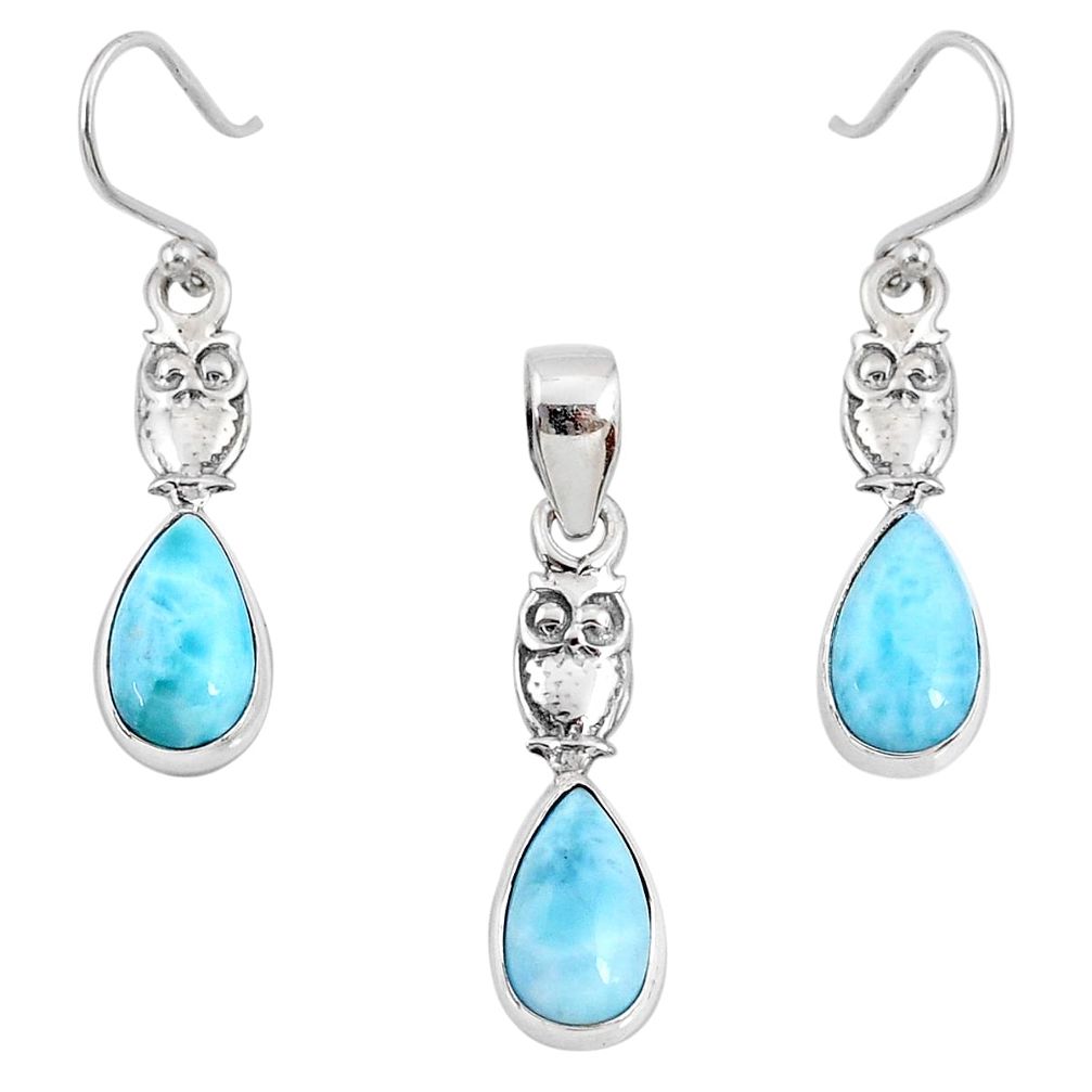 9.39cts natural blue larimar 925 silver owl pendant earrings set r70067