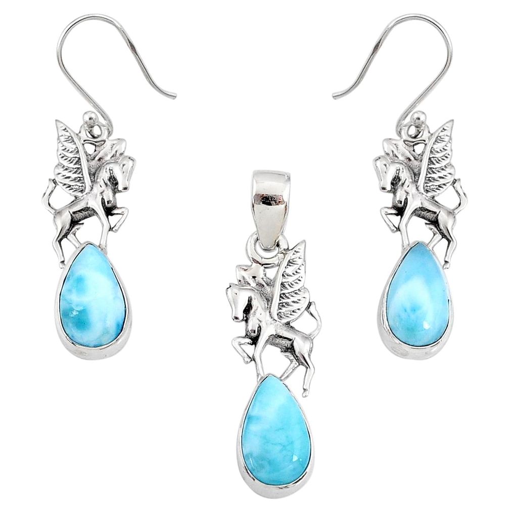 10.74cts natural blue larimar 925 silver unicorn pendant earrings set r70061