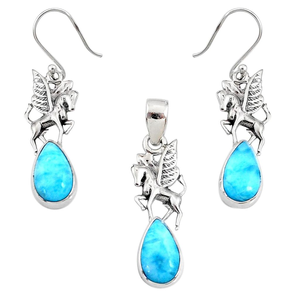 10.74cts natural blue larimar 925 silver unicorn pendant earrings set r70090