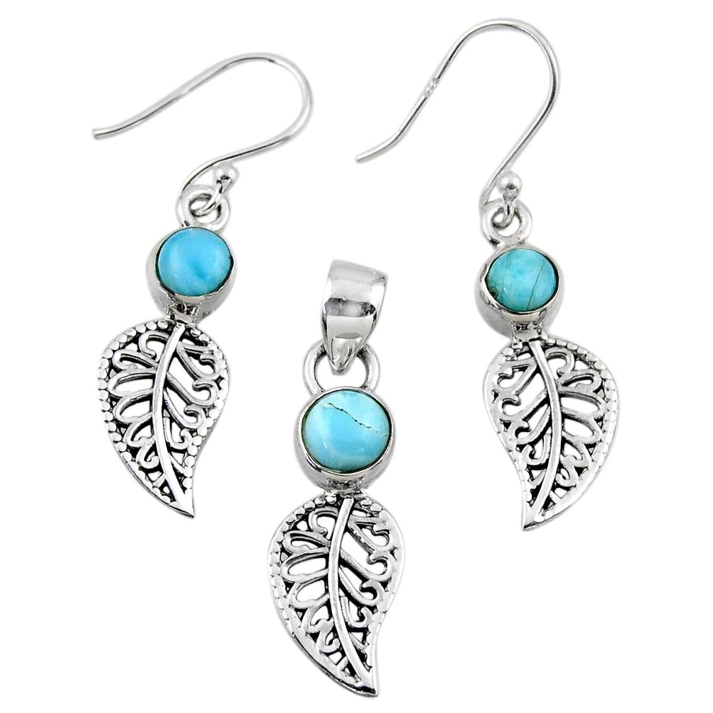 2.77cts natural blue larimar silver deltoid leaf pendant earrings set r55772