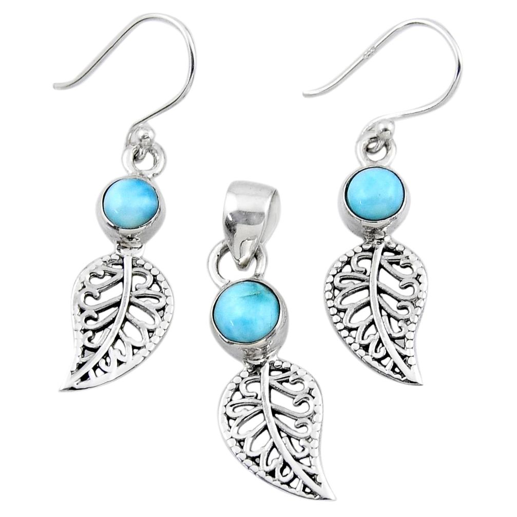 2.78cts natural blue larimar silver deltoid leaf pendant earrings set r55773