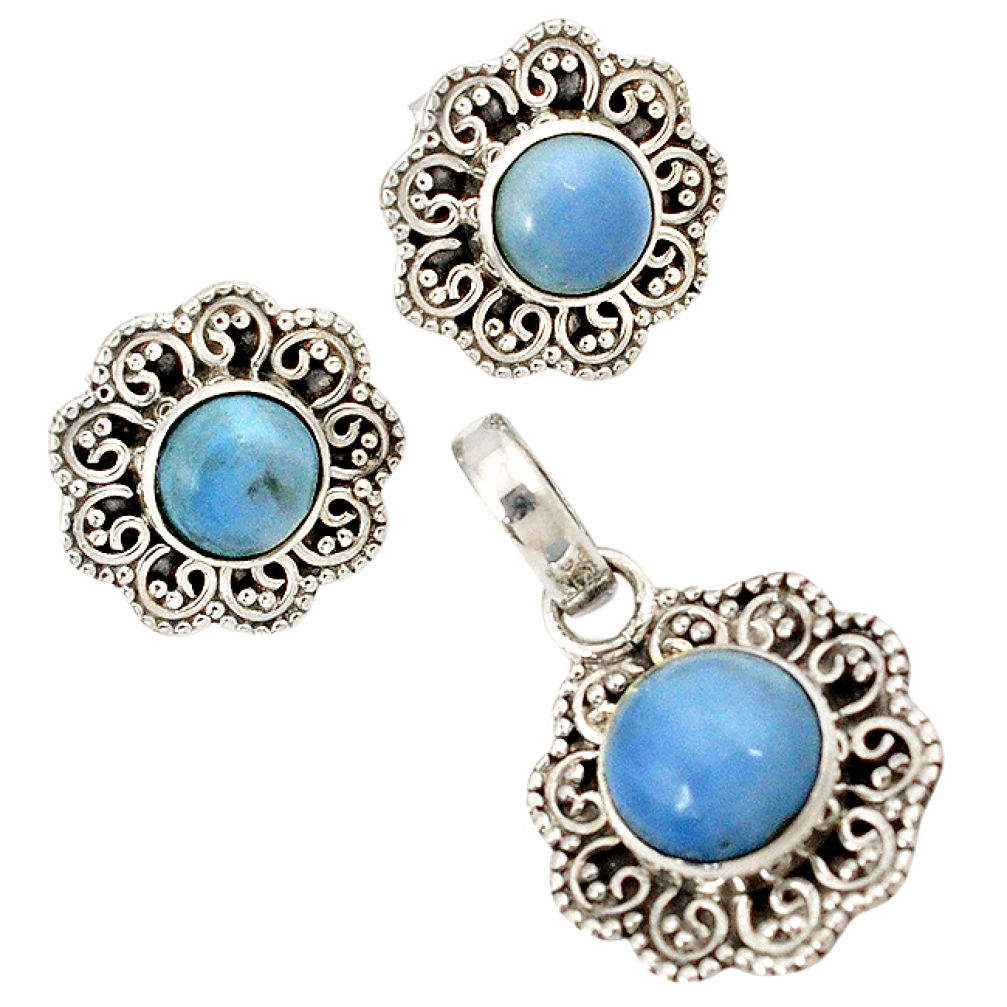 Natural blue owyhee opal round 925 sterling silver pendant earrings set j1423