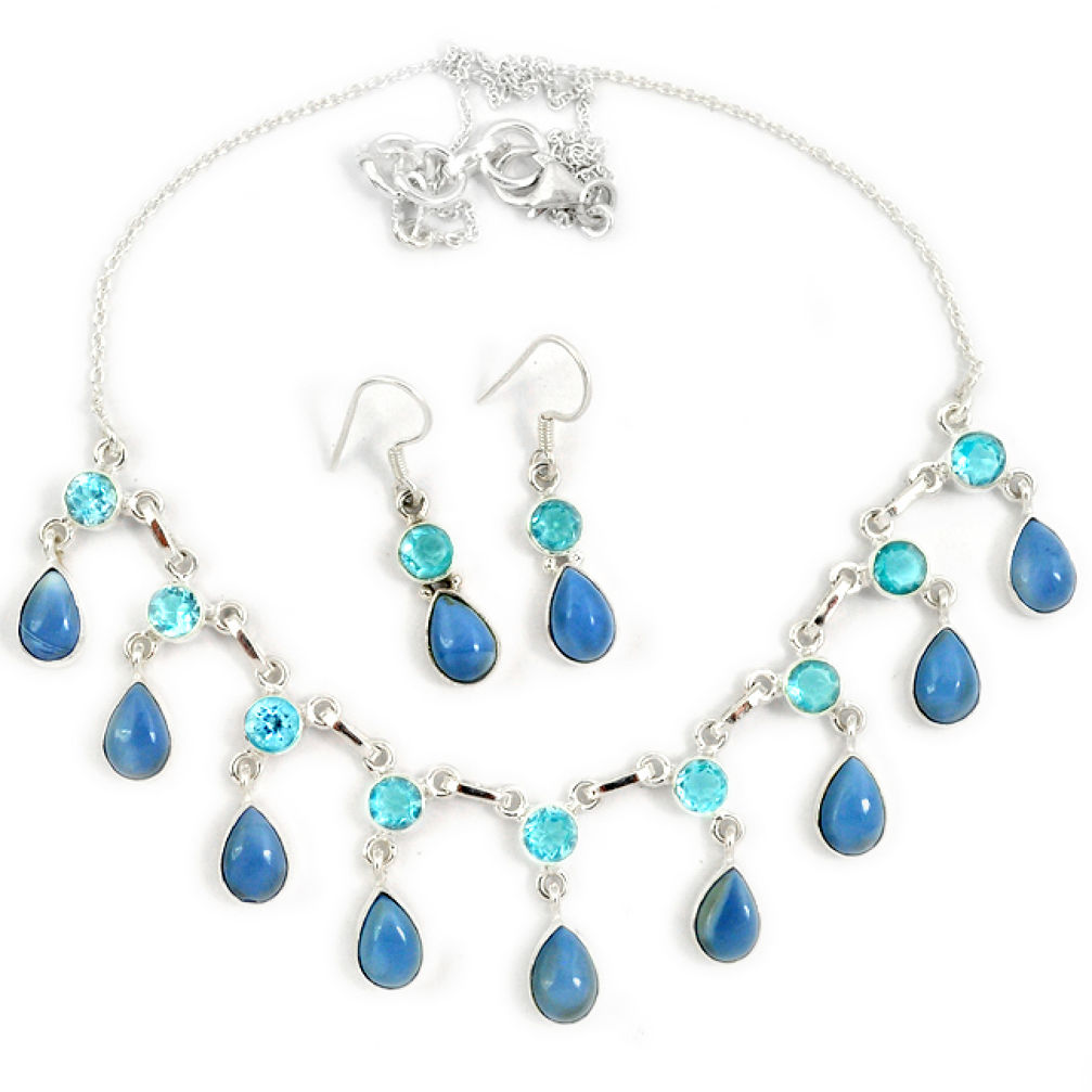 Natural blue owyhee opal topaz 925 sterling silver earrings necklace set j13357