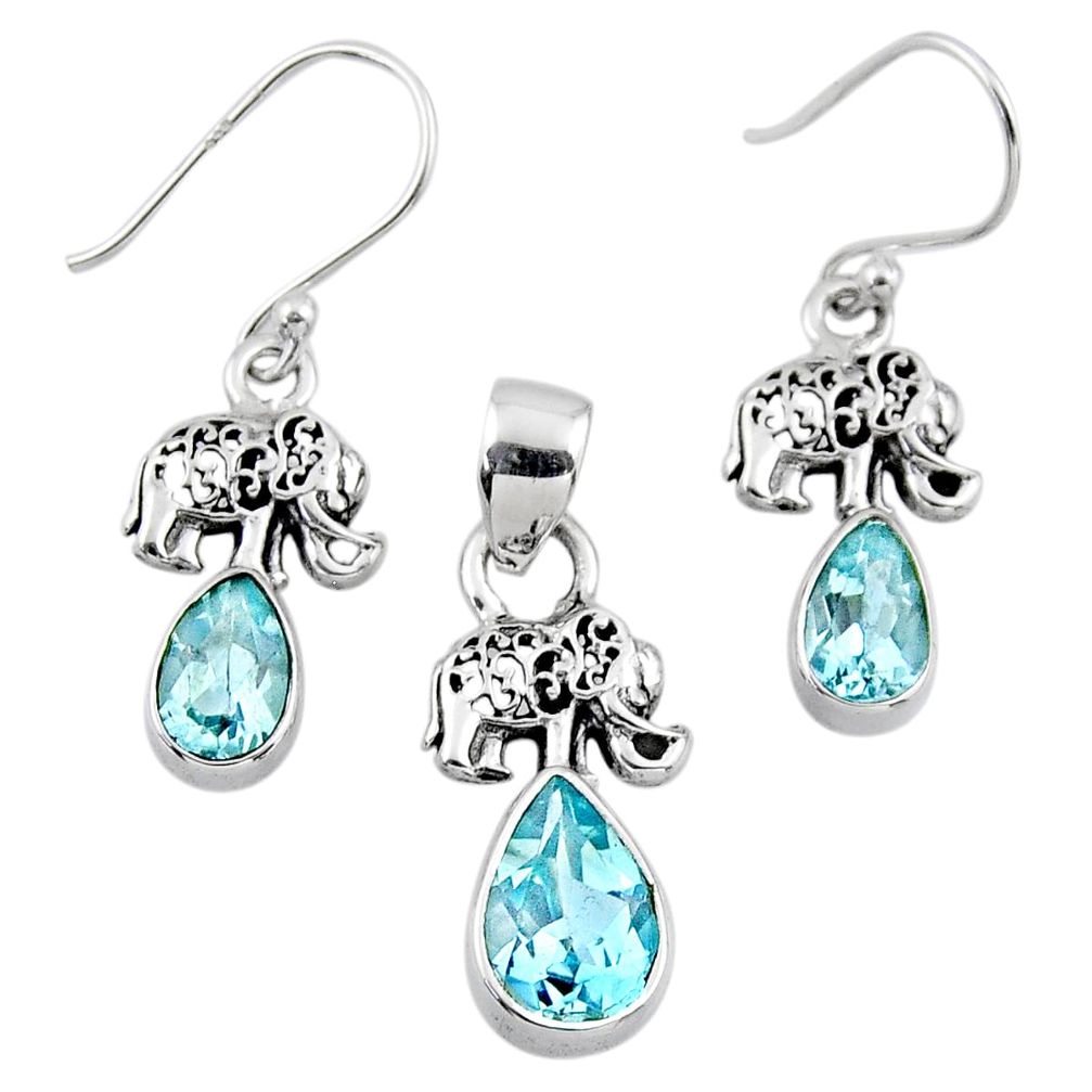 7.07cts natural blue topaz 925 silver elephant pendant earrings set r55761