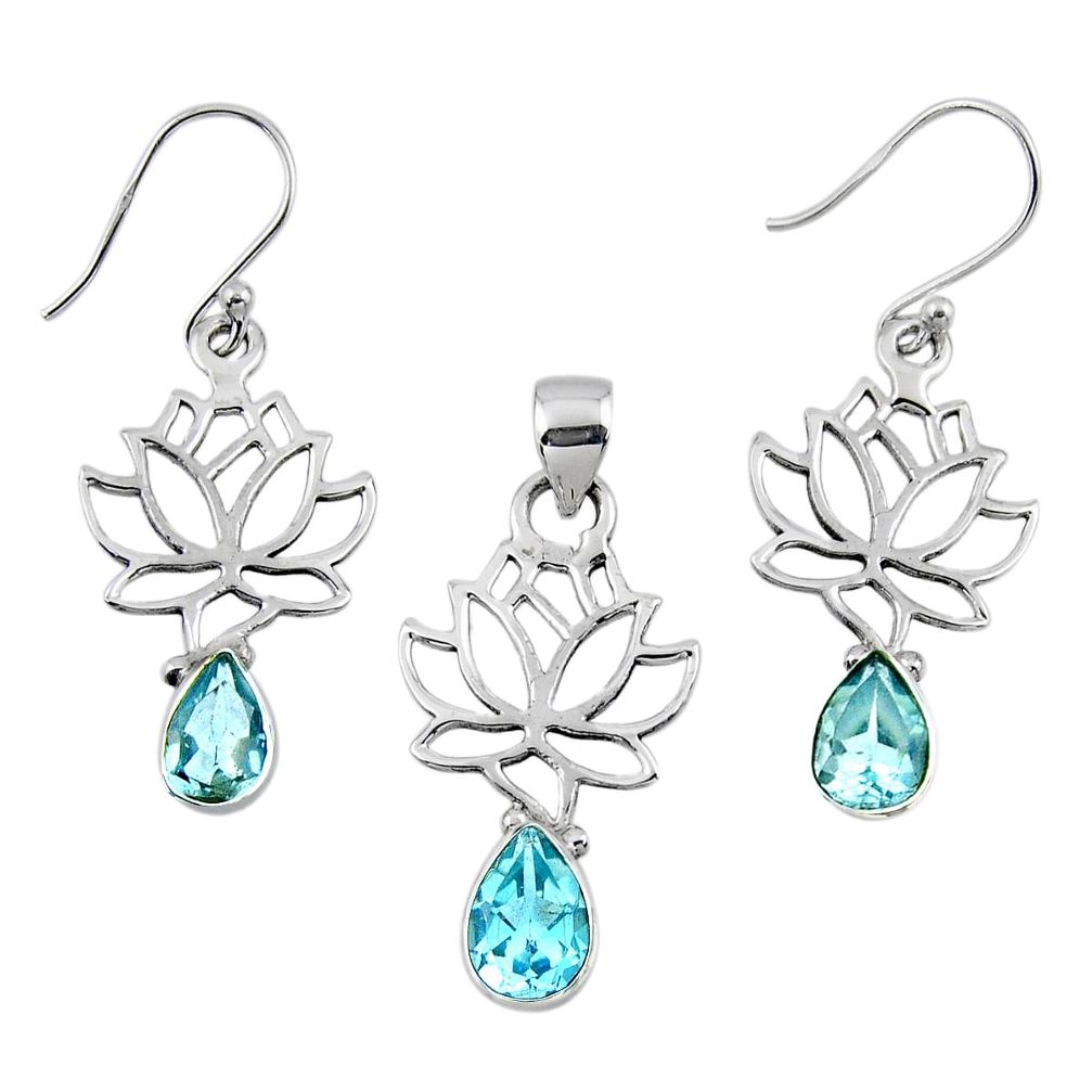 6.89cts natural blue topaz 925 silver tree of life pendant earrings set r55763