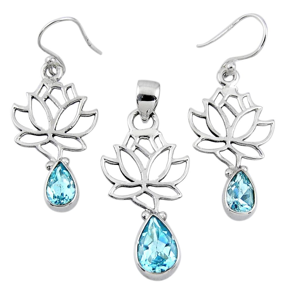 6.89cts natural blue topaz 925 silver tree of life pendant earrings set r55766