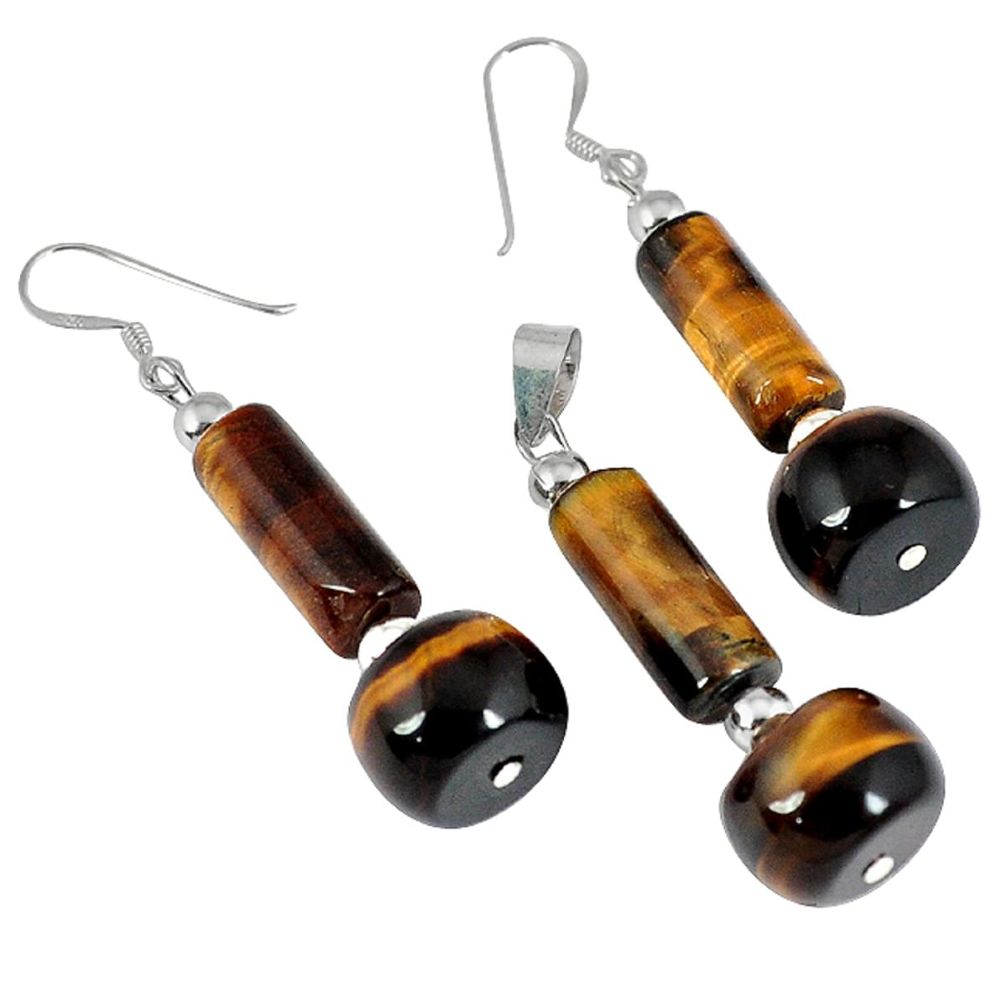 35.90cts natural brown tiger's eye 925 silver pendant earrings set c21022