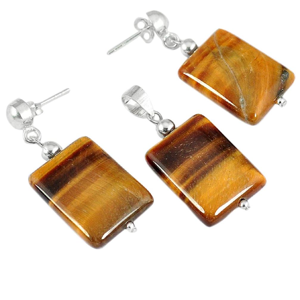 42.91cts natural brown tiger's eye 925 silver pendant earrings set c21036