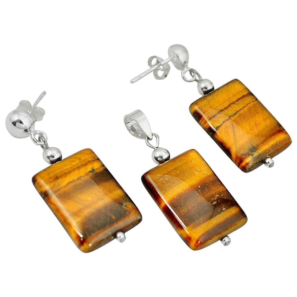 Natural brown tiger's eye 925 silver pendant earrings set c21039