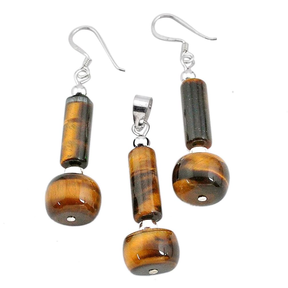 36.74cts natural brown tiger's eye 925 silver pendant earrings set c26936
