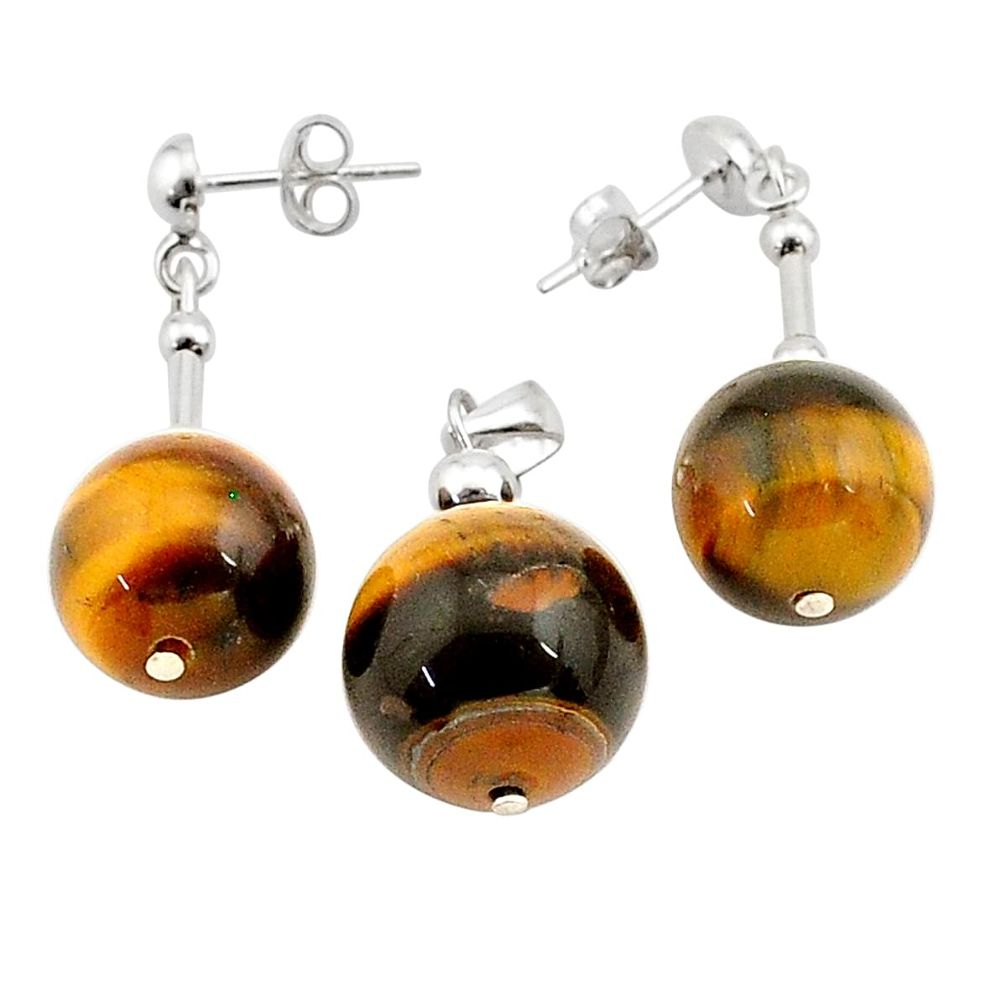 32.77cts natural brown tiger's eye 925 silver pendant earrings set c26969