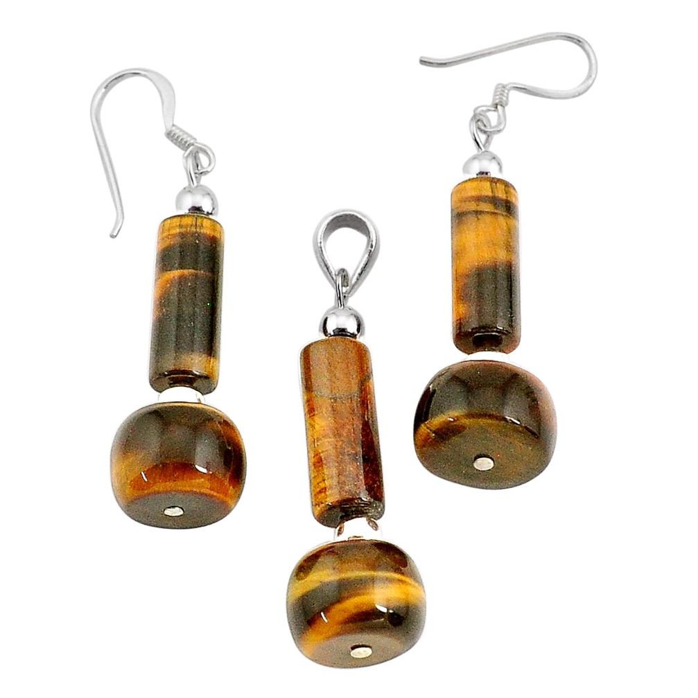 36.70cts natural brown tiger's eye 925 silver pendant earrings set c27224