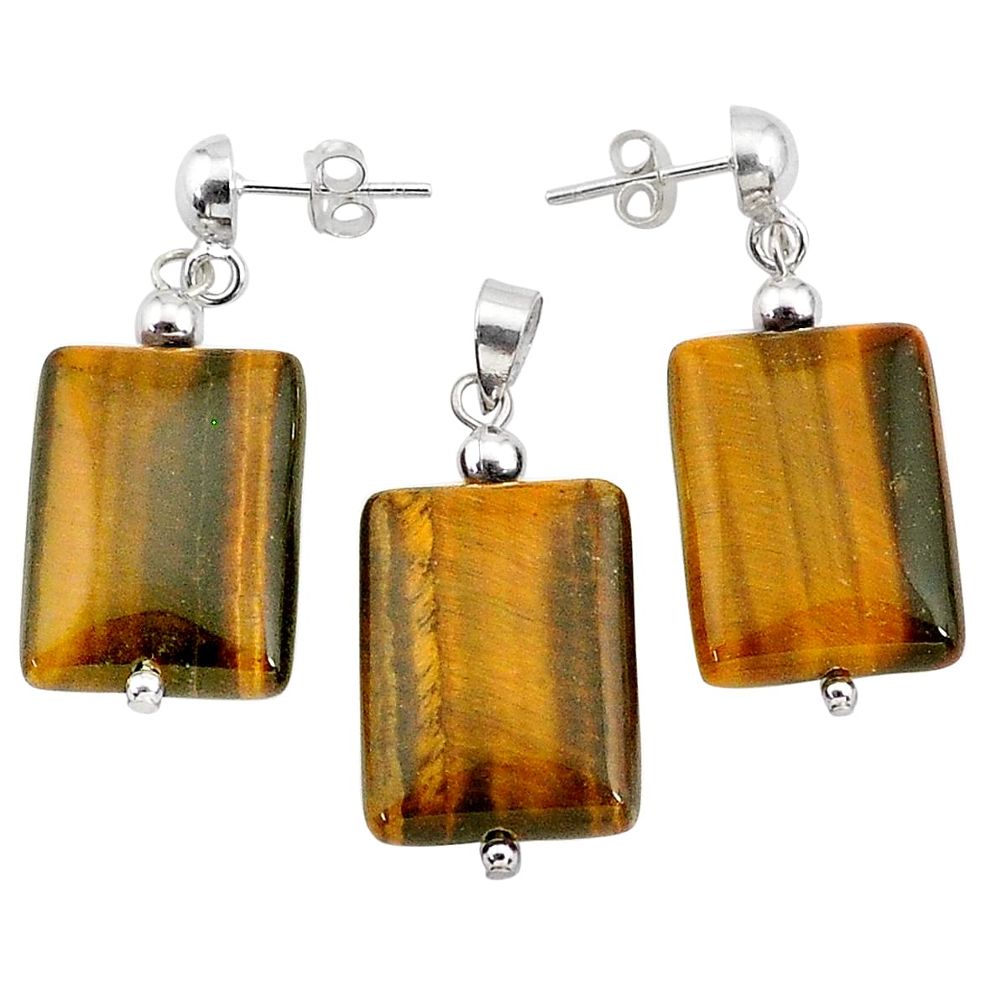 42.84cts natural brown tiger's eye 925 silver pendant earrings set c27257
