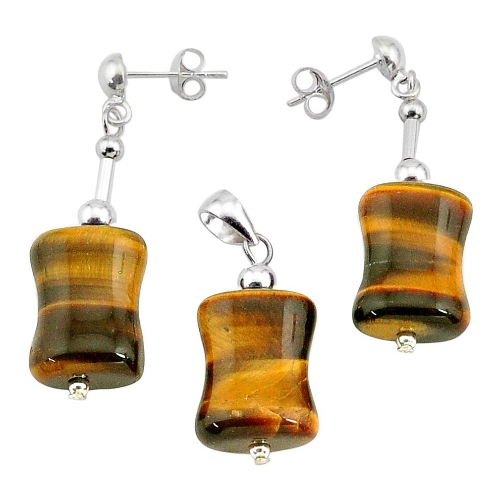 30.30cts natural brown tiger's eye 925 silver pendant earrings set c27270