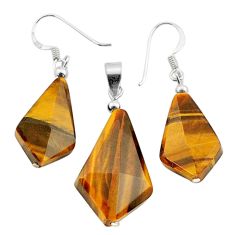 28.10cts natural brown tiger's eye 925 silver pendant earrings set c27302
