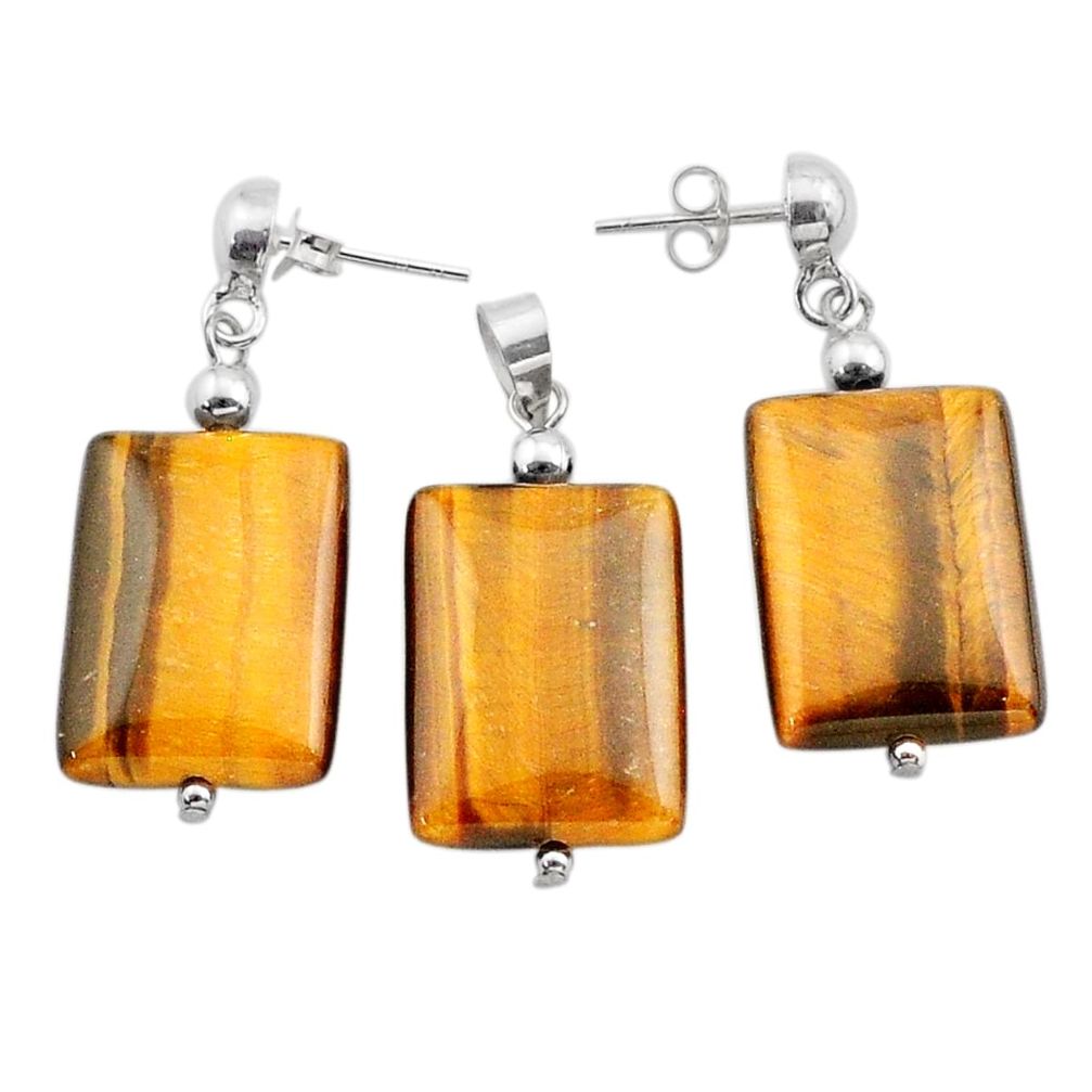 44.27cts natural brown tiger's eye 925 silver pendant earrings set c27441