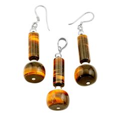 39.41cts natural brown tiger's eye 925 silver pendant earrings set c27445