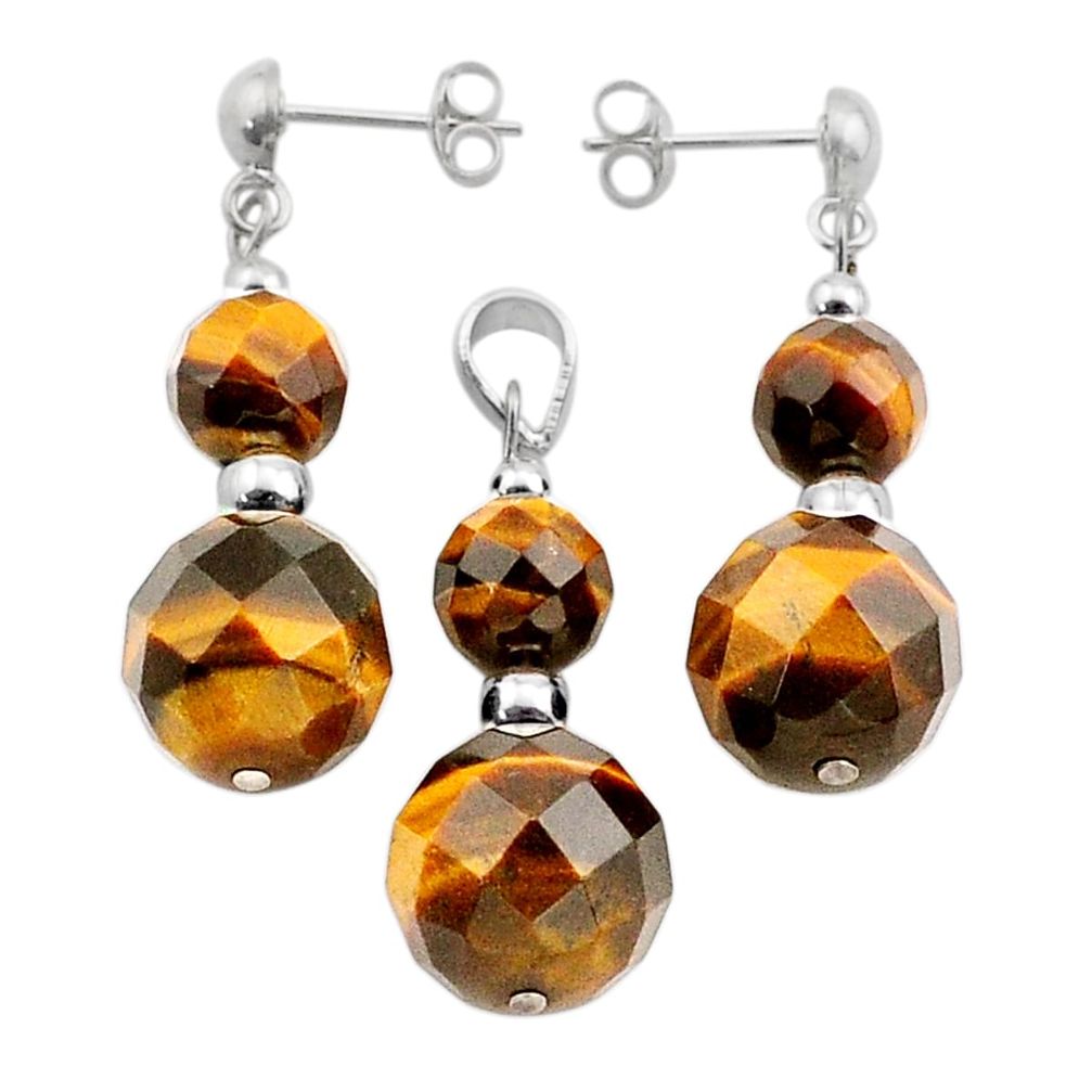 34.69cts natural brown tiger's eye 925 silver pendant earrings set c27449