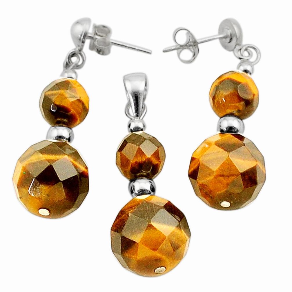 34.18cts natural brown tiger's eye 925 silver pendant earrings set c27451