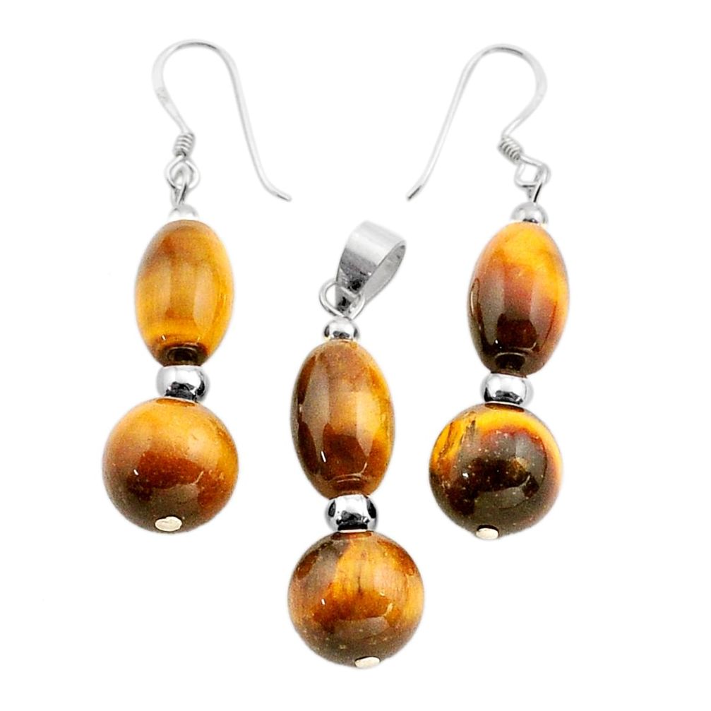 28.90cts natural brown tiger's eye 925 silver pendant earrings set c27601