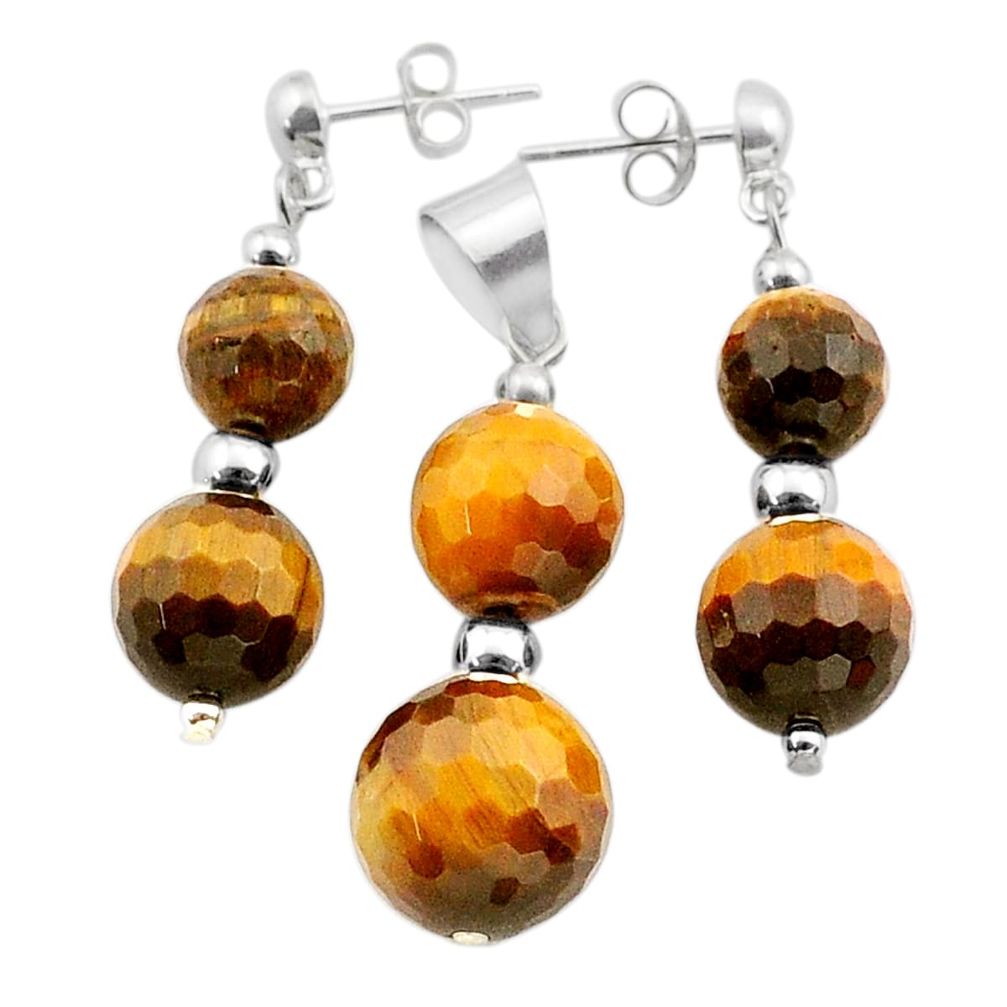 32.10cts natural brown tiger's eye 925 silver pendant earrings set c27616