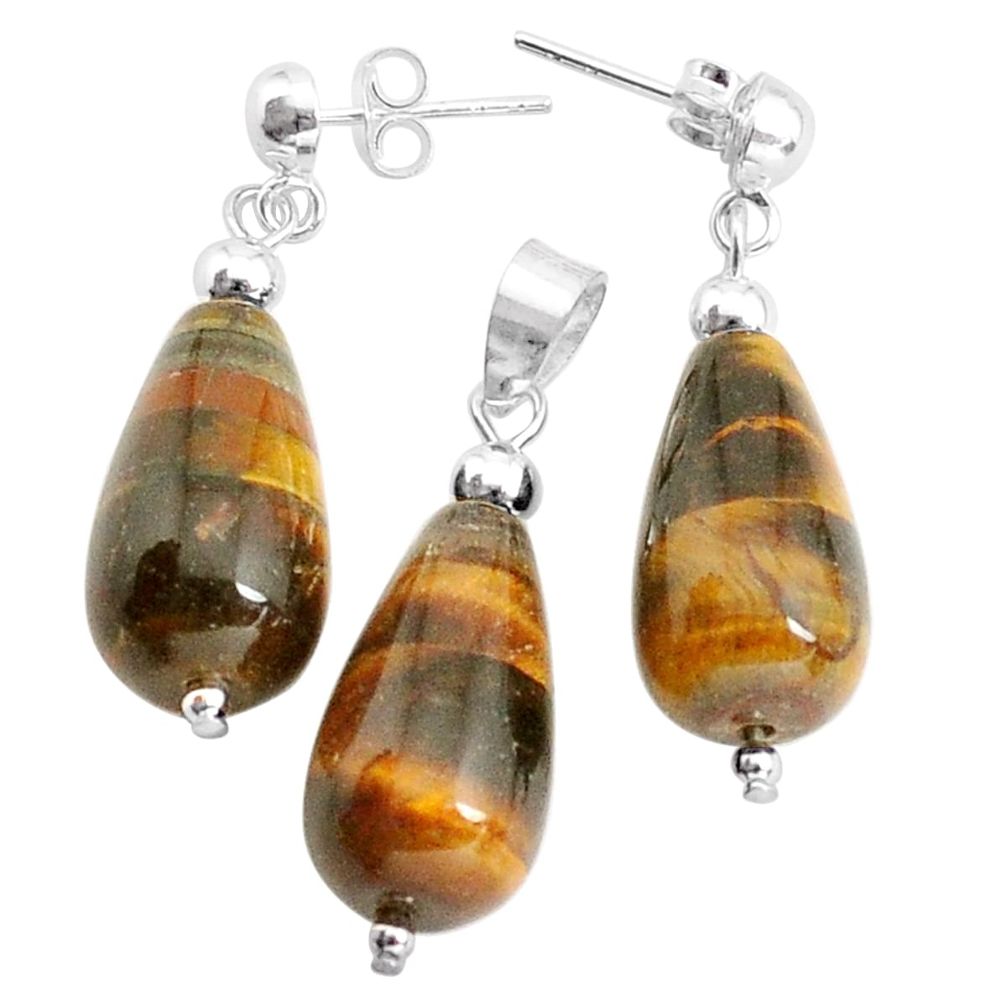 33.88cts natural brown tiger's eye 925 silver pendant earrings set c27713