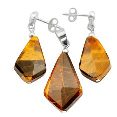 27.74cts natural brown tiger's eye 925 silver pendant earrings set c27785