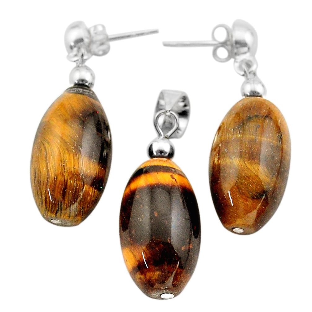 49.84cts natural brown tiger's eye 925 silver pendant earrings set c27787