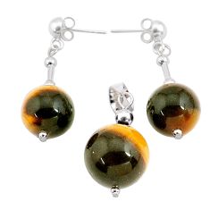 38.04cts natural brown tiger's eye bead 925 silver pendant earrings set c26897