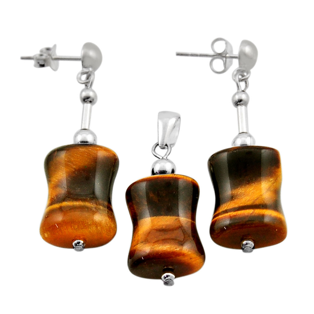 36.02cts natural brown tiger's eye beads 925 silver pendant earrings set n20432