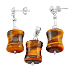 36.82cts natural brown tiger's eye beads 925 silver pendant earrings set n20438