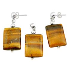 38.50cts natural brown tiger's eye octagan silver pendant earrings set c26974