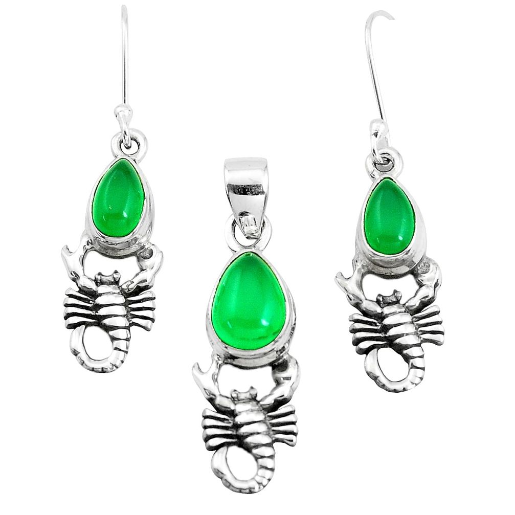 5.98cts natural green chalcedony 925 silver scorpion pendant earrings set p38591