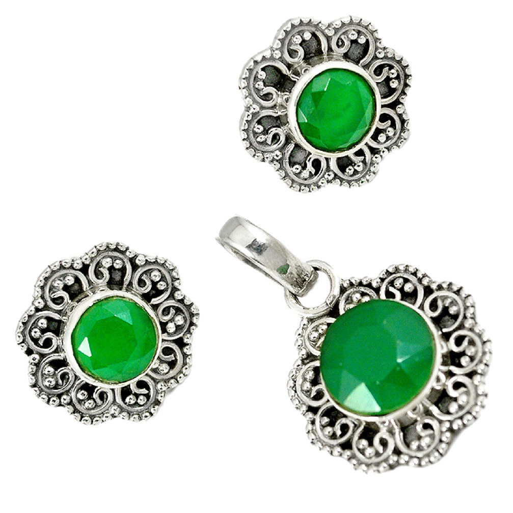 Natural green chalcedony 925 sterling silver pendant earrings set jewelry j1432